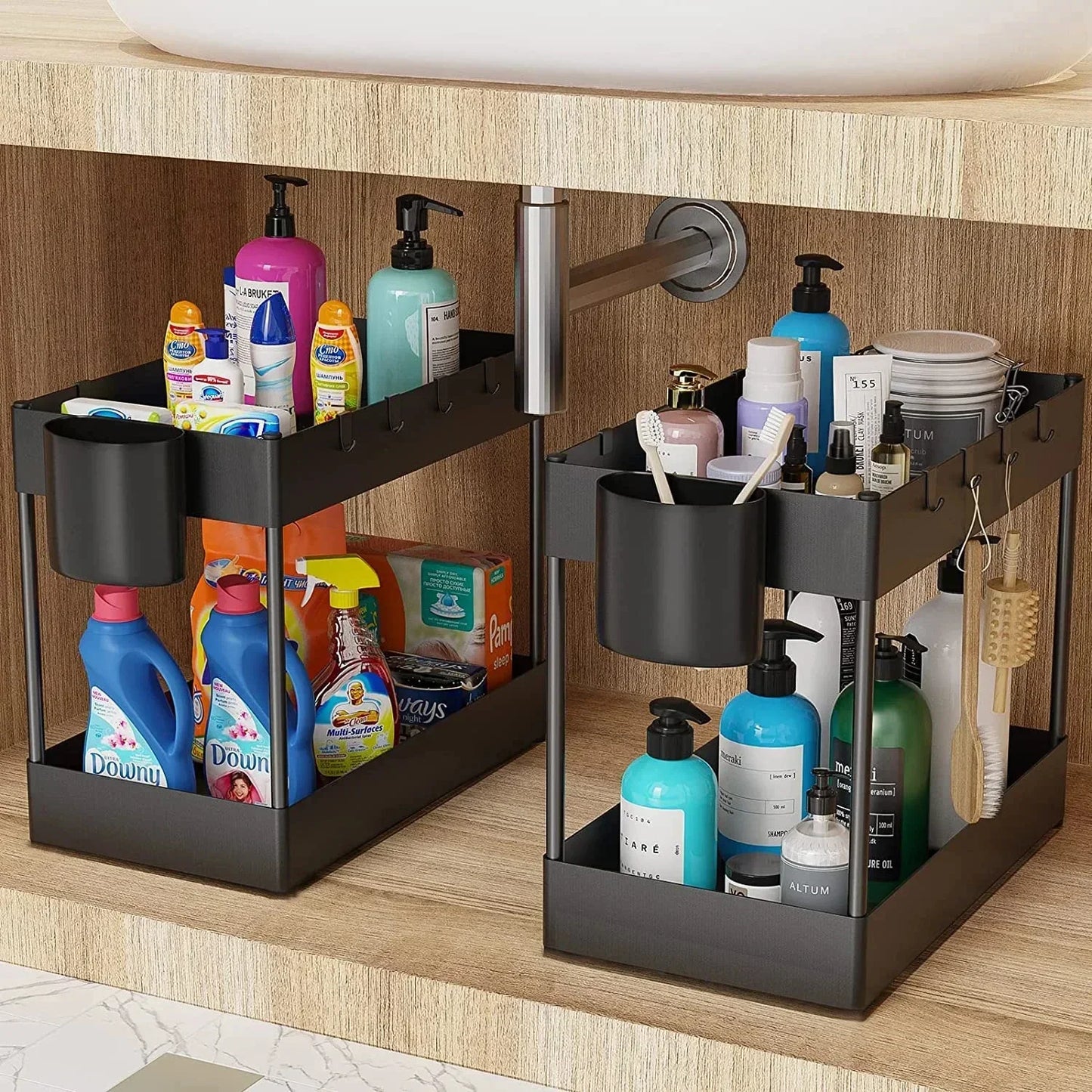 2-Tier Pull Out Under Sink Organizer, Storage Rack with Hooks & Cups, Space Saving Slide-Out Shelf for Kitchen Bathroom Cabinet