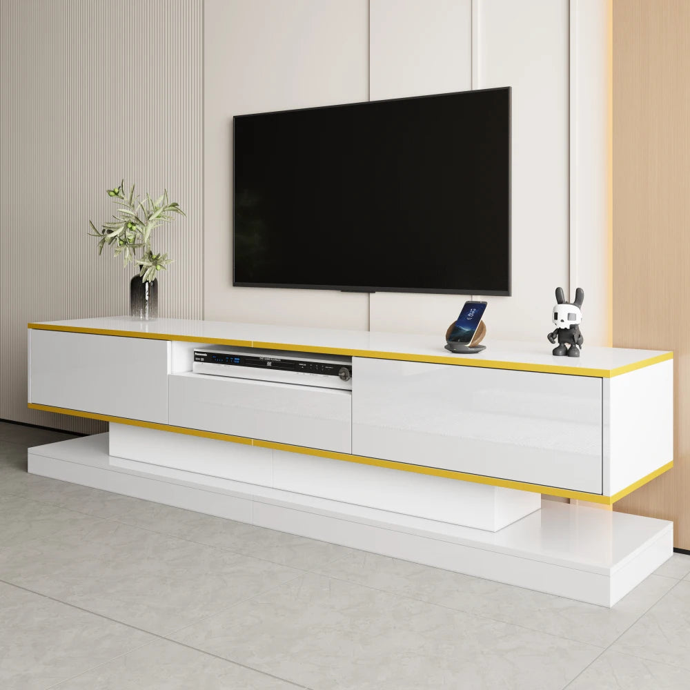 PINGGO Modern TV Cabinet with Three Drawers and an Open Compartment - High Gloss with Color-Changing LED Lights, 180*38*45cm