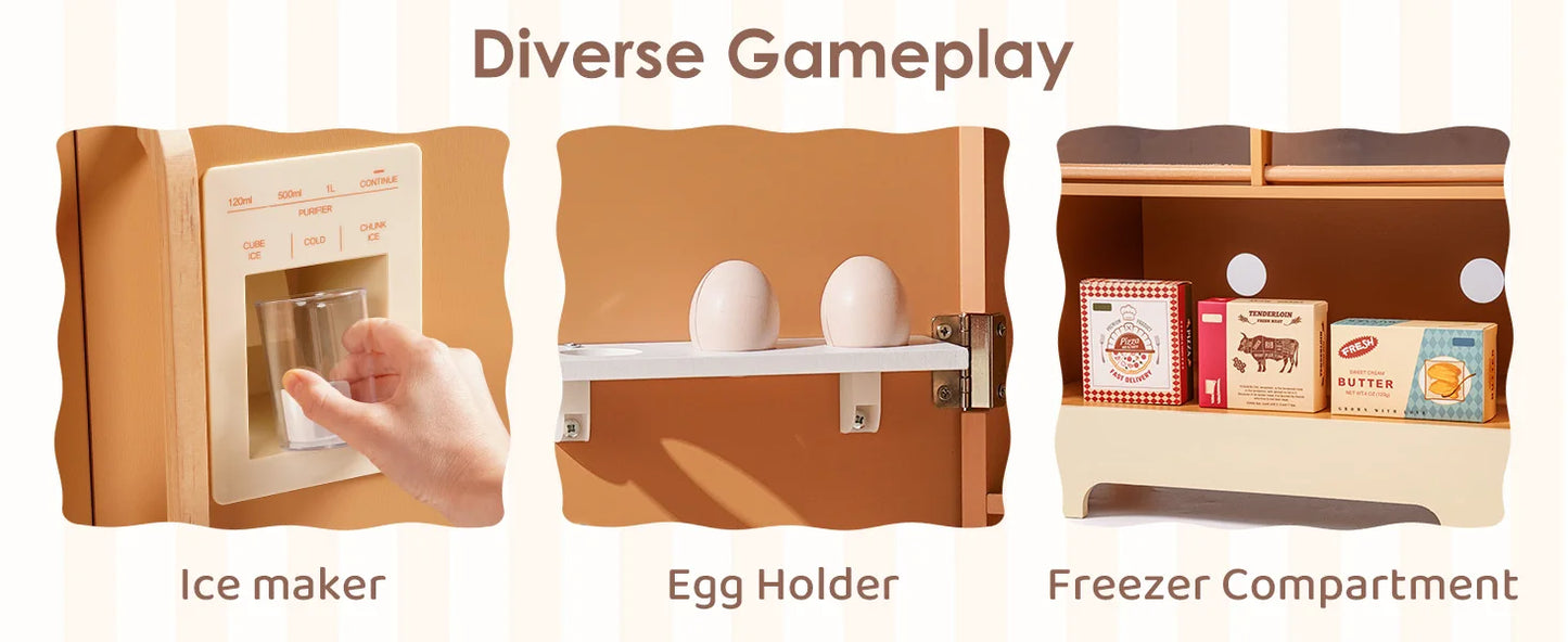 Robotime Wooden Play Kitchen Kids Kitchen Playset Washing Machine Dishwasher Toddler Kitchen Playset Gift for Boys Girls Caramel