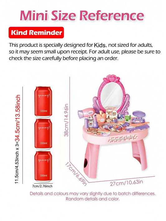 Kids Princess Vanity Dressing Table Toy Set with Mirror&30Pcs Makeup Accessories, Pretend Hair Dryer Cosmetic Kit,Gift for Girls