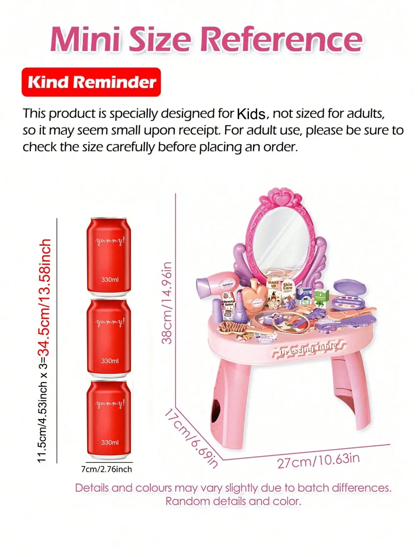 Kids Princess Vanity Dressing Table Toy Set with Mirror&30Pcs Makeup Accessories, Pretend Hair Dryer Cosmetic Kit,Gift for Girls