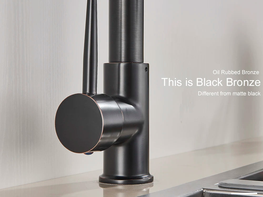 Black Pull Down Brass Kitchen Sink Faucet Hot Cold Water Mixer Crane Tap with Dual Spout 360 Rotation High Faucet Deck Mounted