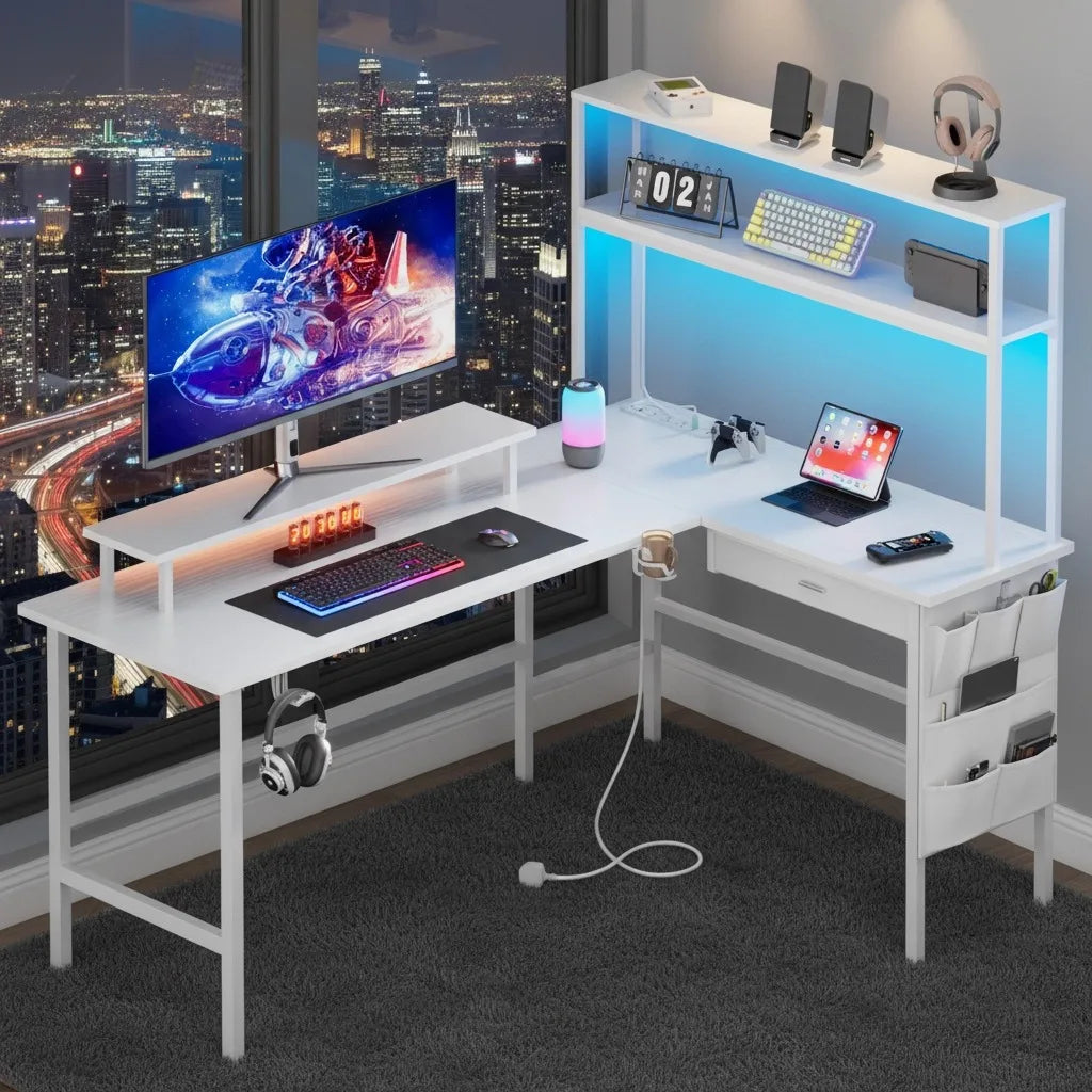 Reversible Computer Desk with LED Lights and Drawer, L Shaped Corner Gaming Desk with Storage Shelves & Bag, Desk Shelf for