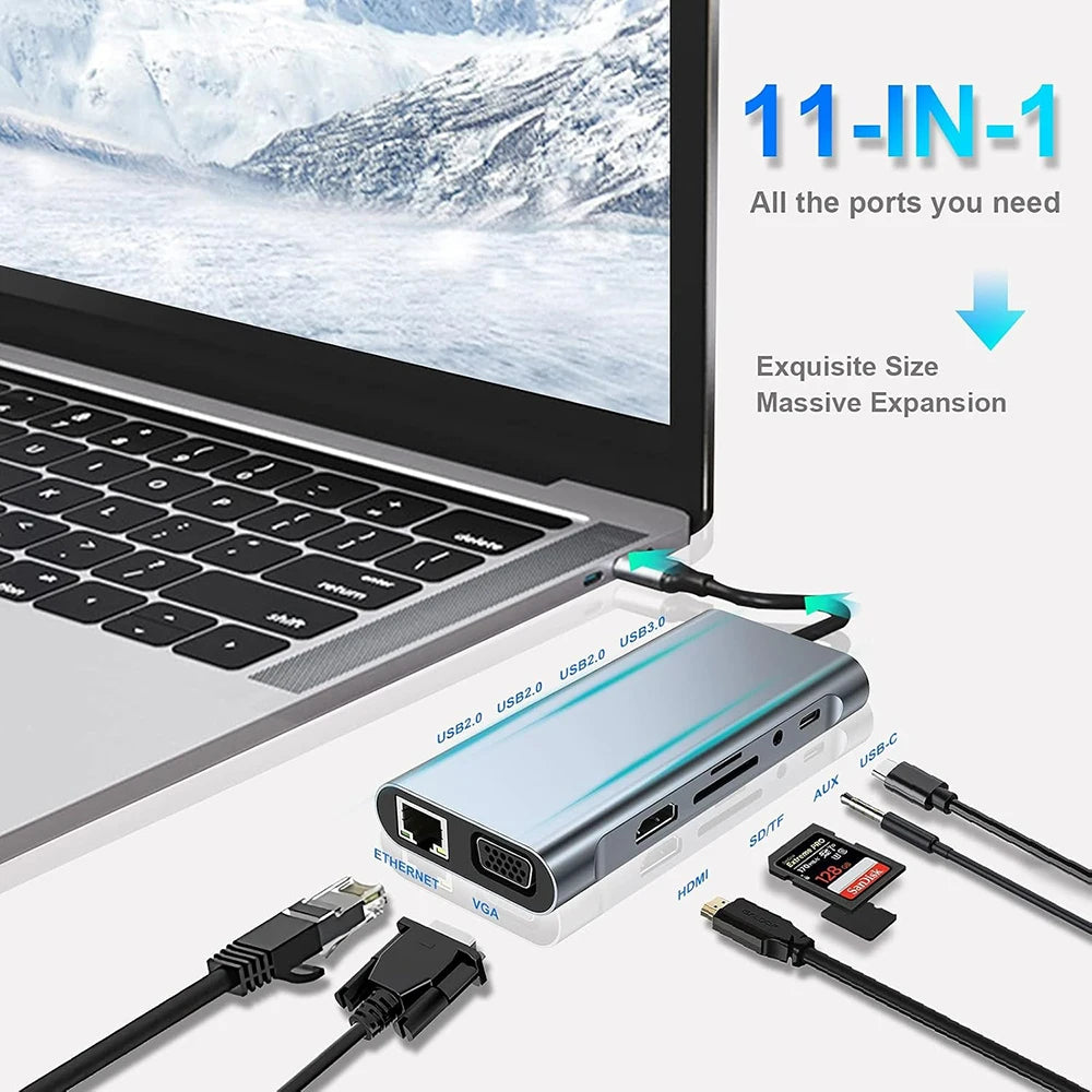 11-in-1 USB C Hub Multiport Adapter USB C Docking Station with 4K HDMI-compatible,VGA 1080P,100W PD, Ethernet,SD/TF,Audio,USB-A