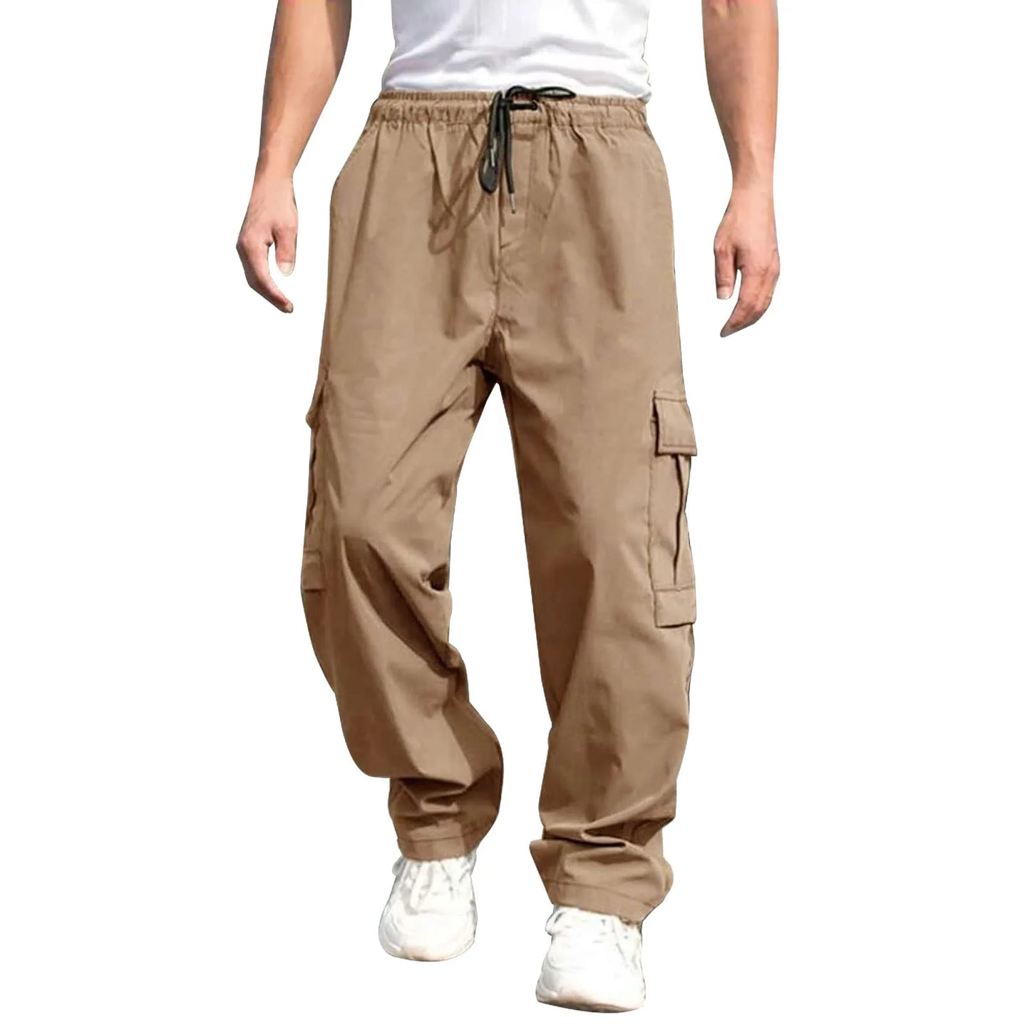 Men Loose Cargo Pants Summer Male High Elastic Waist Zip Pocket Straight Full Trousers BFDZ-A717