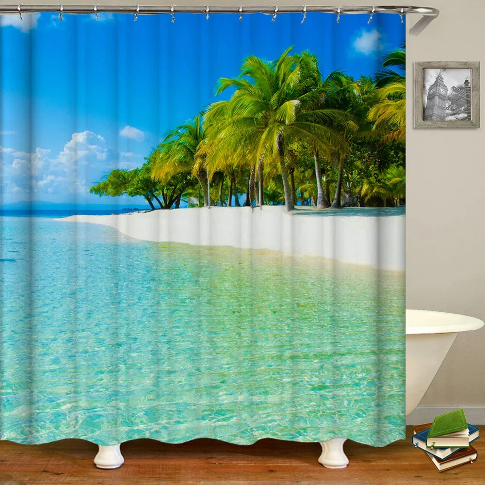 Bath Curtain Sea Beach Shell Starfish Shower Curtains 180*180cm Waterproof Bathroom Home Washable Fabric Bath Screen 12 Hooks