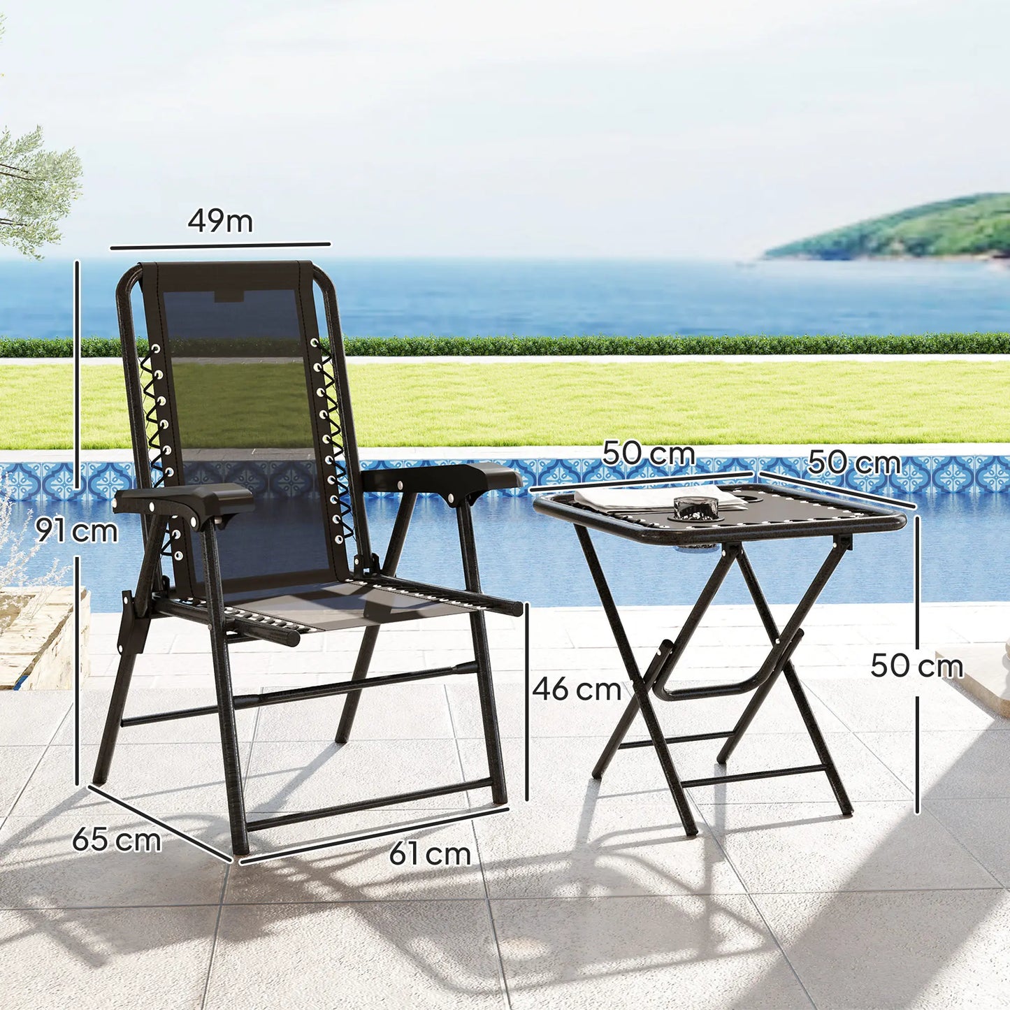Outsunny 3 Pieces Garden Bistro Set, Folding Table and Chairs Set, Metal Garden Furniture Set with Cup Holders
