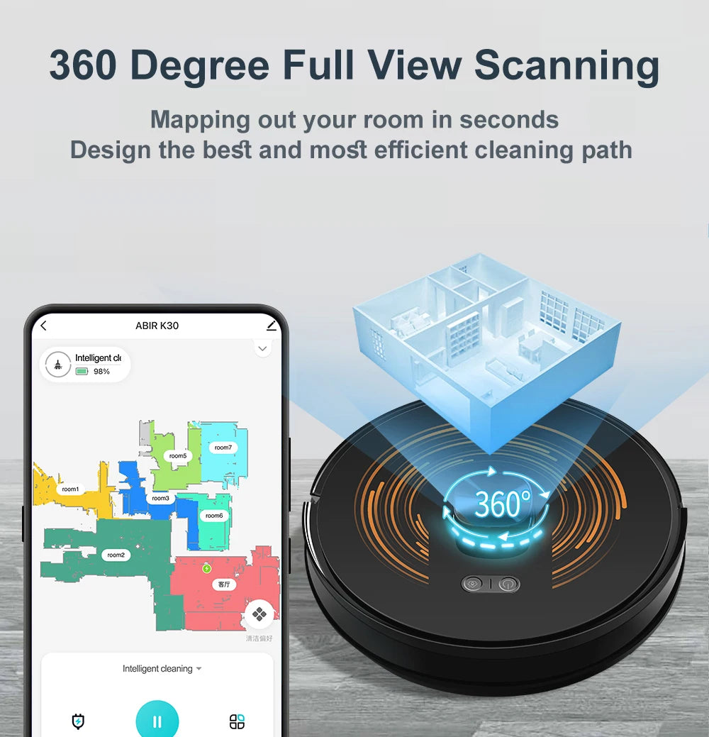 ABIR K30 Robot Vacuum Cleaner, Auto-Empty Station, Laser Lidar, 6500PA Suction,Multi-Floor Maping, Smart Home Wet Dry Appliance