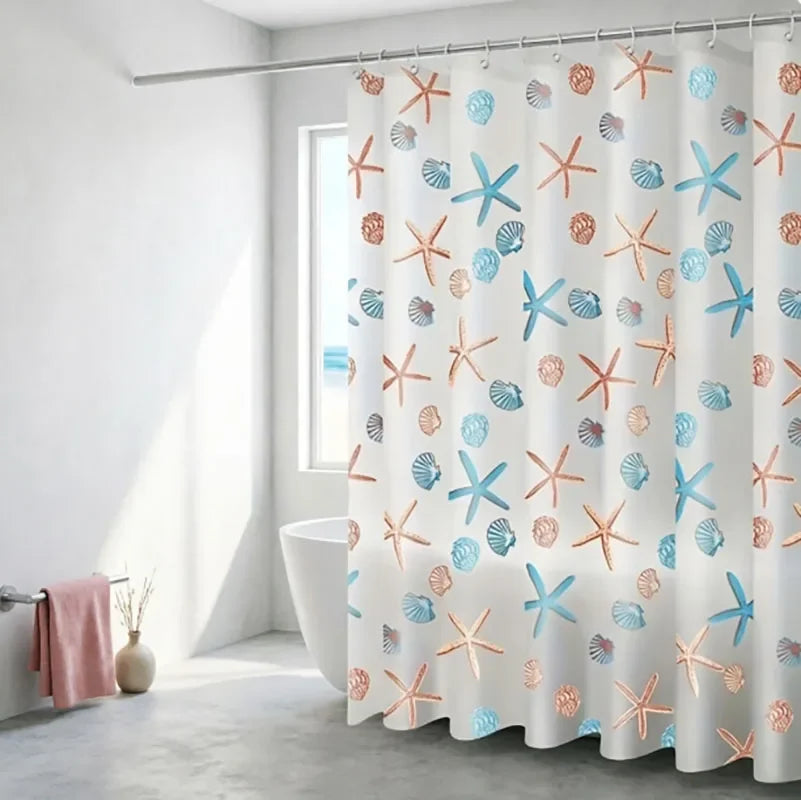 Starfish Seashell Plastic Shower Curtain Liner - Waterproof Bathroom Curtain for Bathtubs, Mildew Resistant Bath Curtain