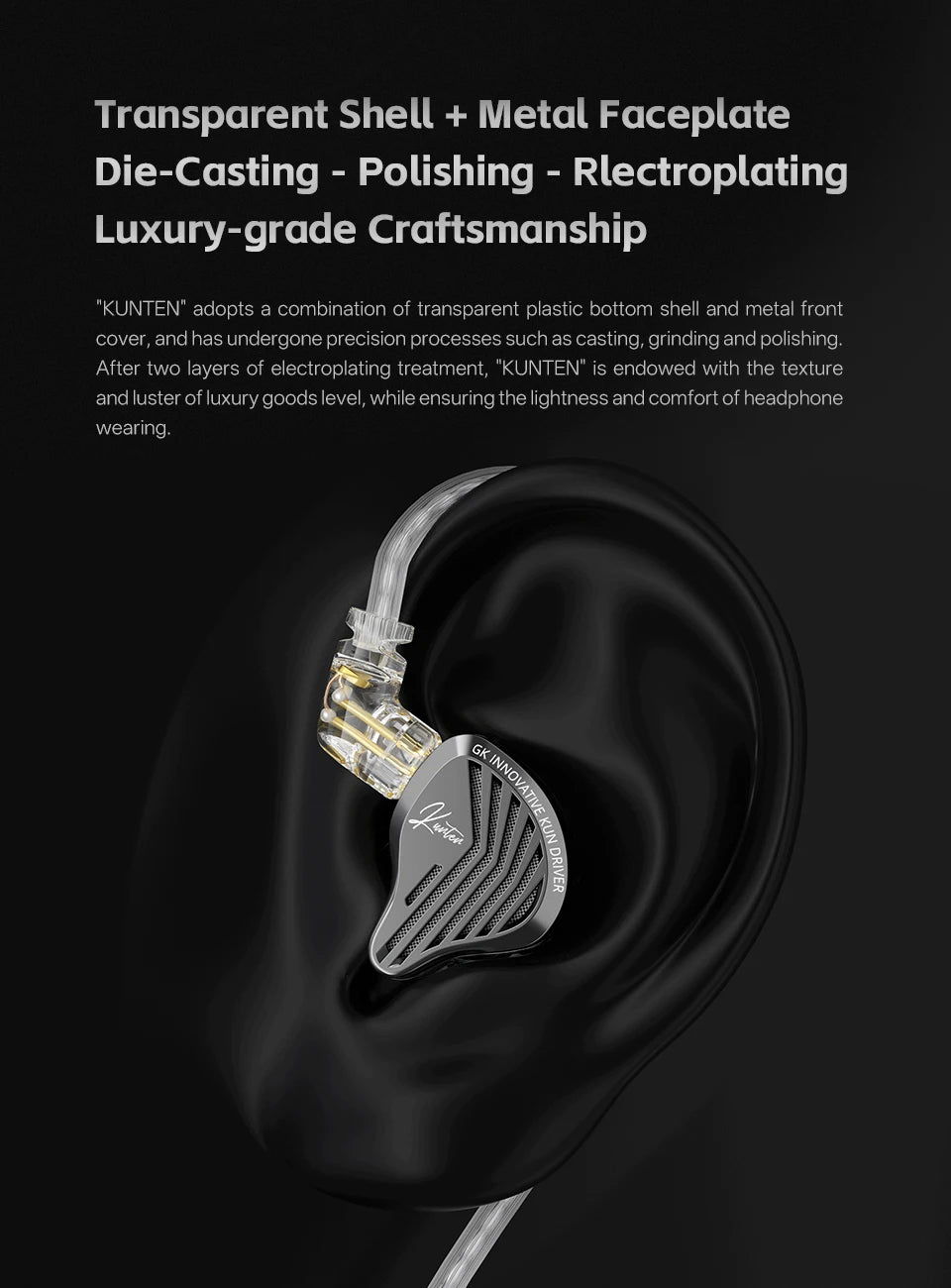GK KUNTEN Dynamic Drive Heavy Bass Earbuds HIFI Sports Metal Headphones Detachable 2PIN Compatible with KZ Zenith EDX PRO