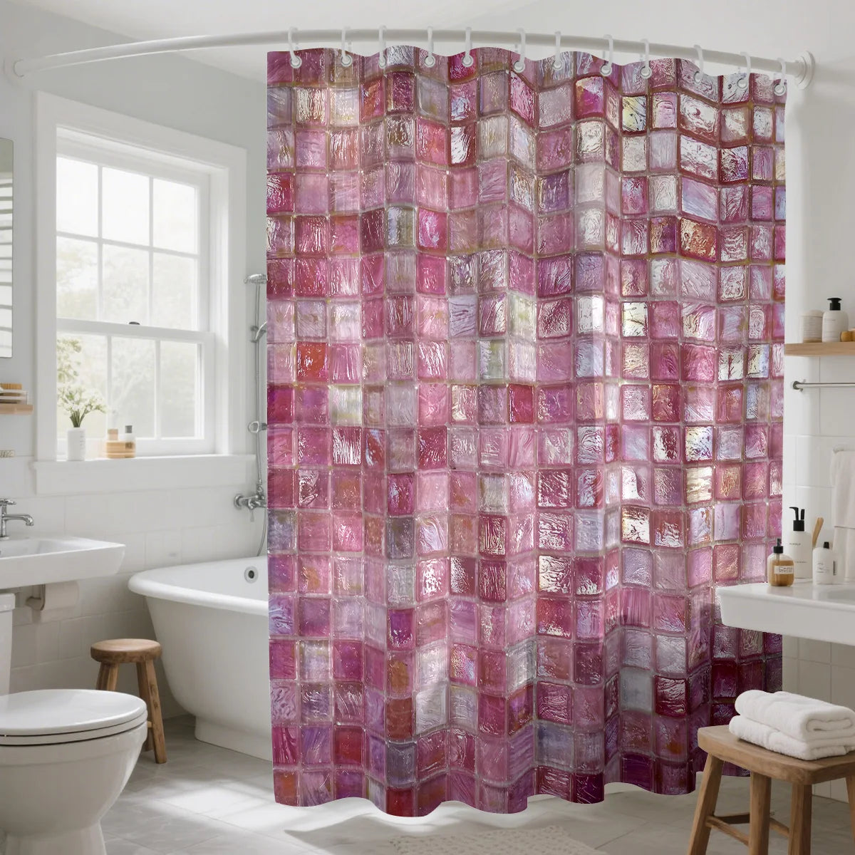 1pc pink ice block imitation simple printing waterproof partition privacy hanging curtain with 12 hooks, multiple sizes
