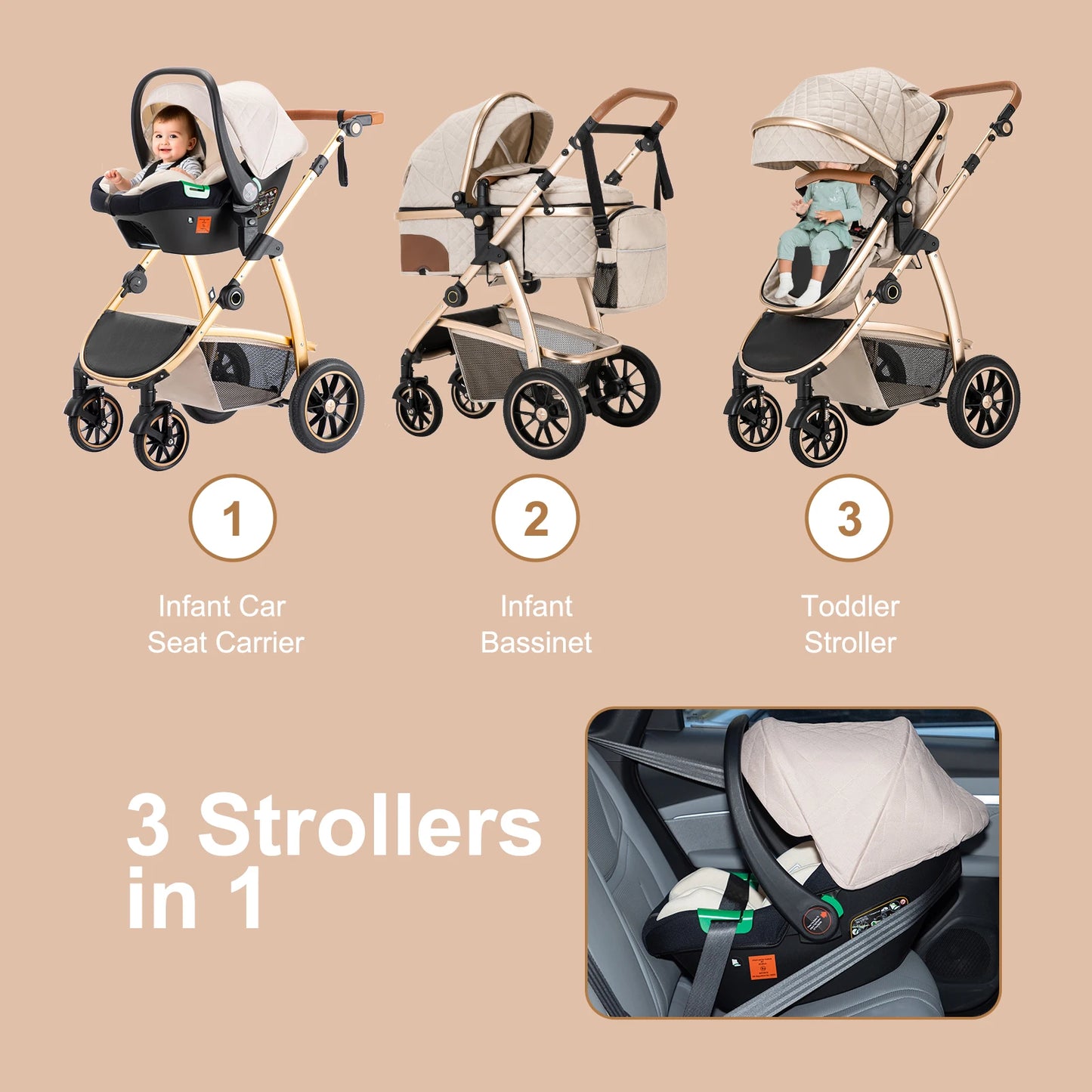 3 in 1 Prams Travel System, Pushchair with Height Adjustable Handle, Travel Pram with Mosquito Net, Baby Stroller with Aluminum