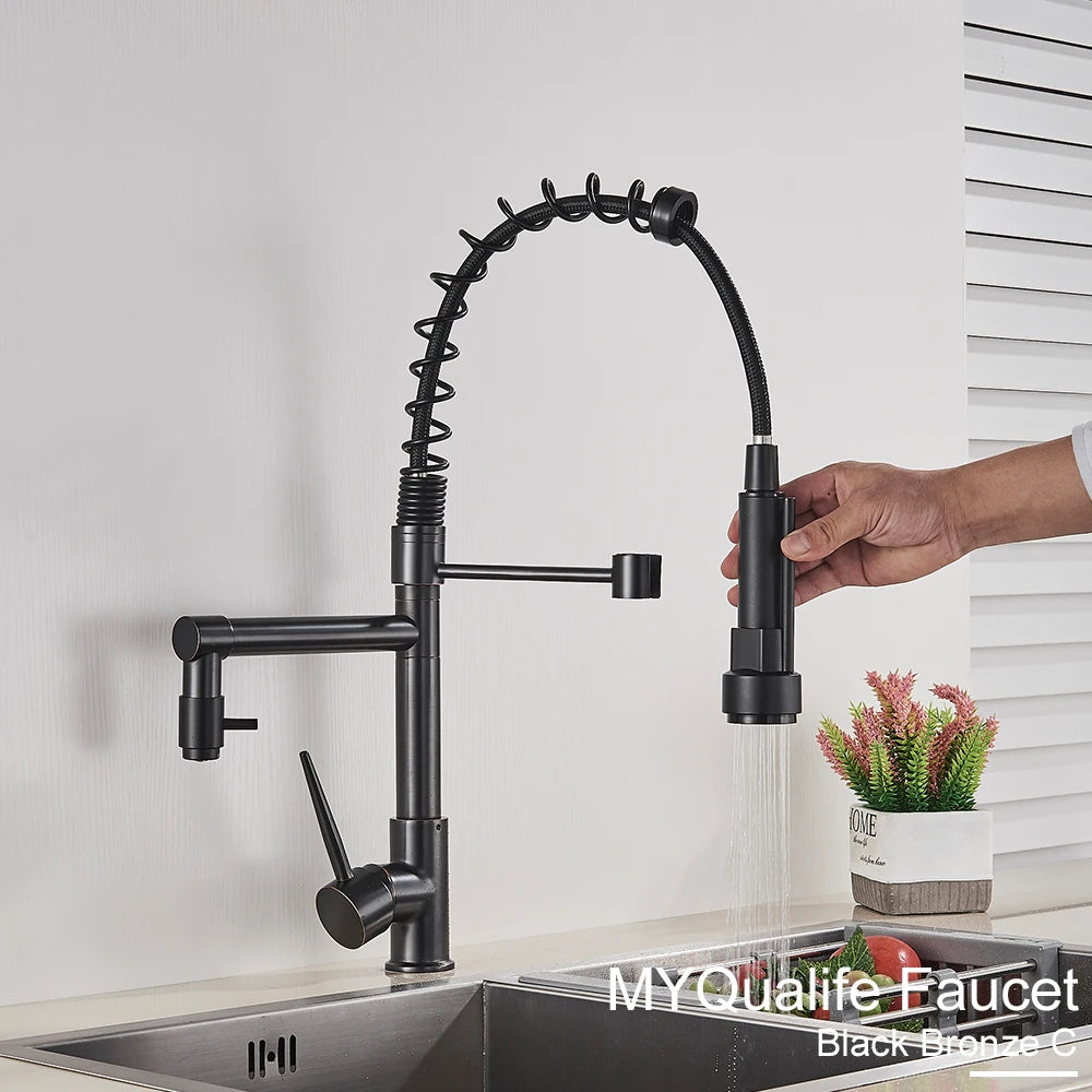 Black Pull Down Brass Kitchen Sink Faucet Hot Cold Water Mixer Crane Tap with Dual Spout 360 Rotation High Faucet Deck Mounted