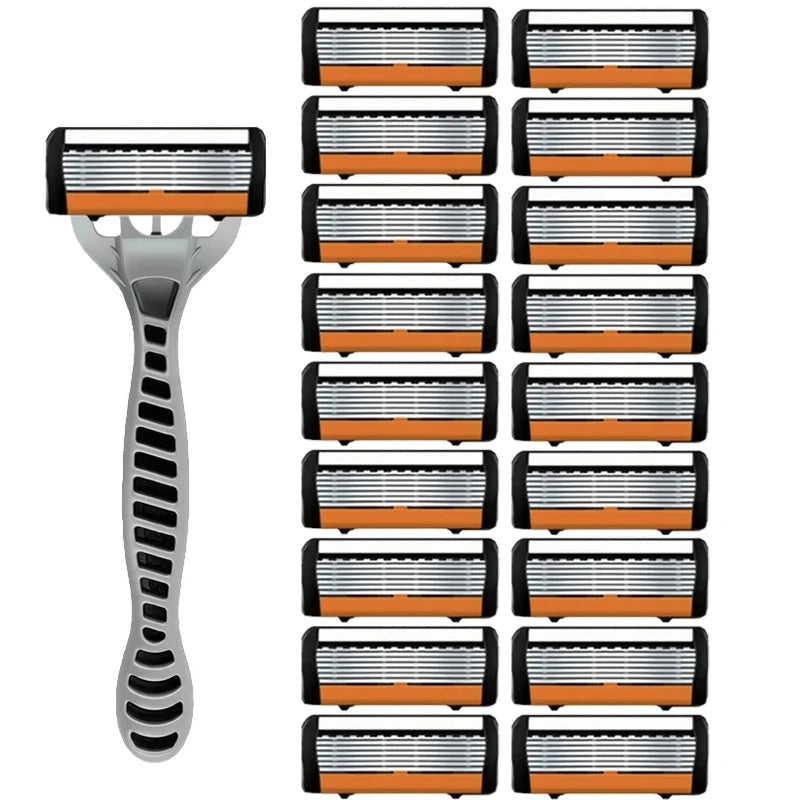 Men's manual razor safety razor 6-layer stainless steel hair removal knife, replaceable razor head, razor tools.