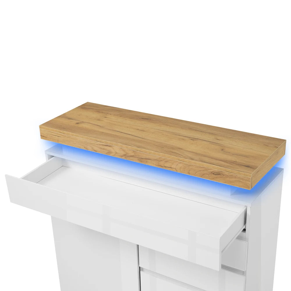 PINGGO Chest of Drawers,High-gloss Sideboard Cabinet with 2 Doors and 3 Drawers,Storage with RGB LED,115 x 110 x 39 cm, White