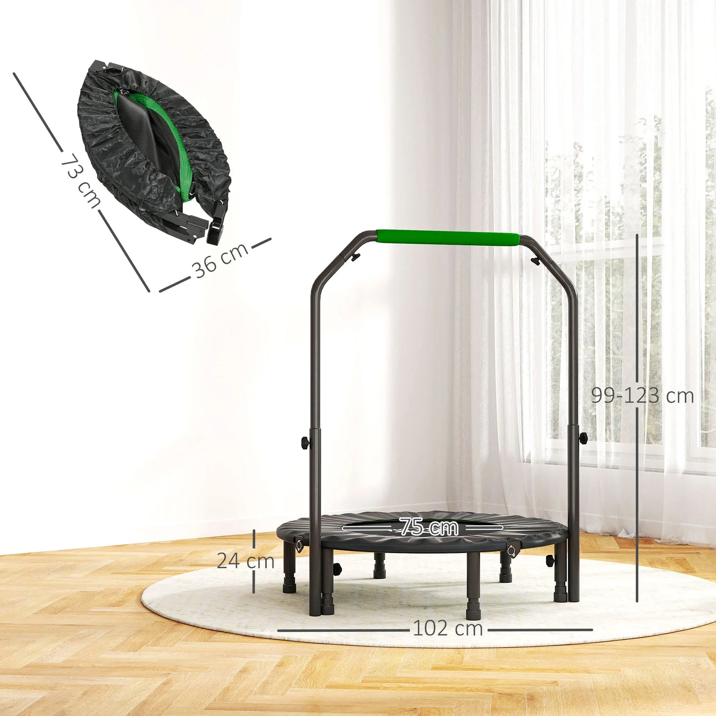 HOMCOM 40" Foldable Mini Trampoline with Adjustable Foam Handle, for Cardio Training, Green
