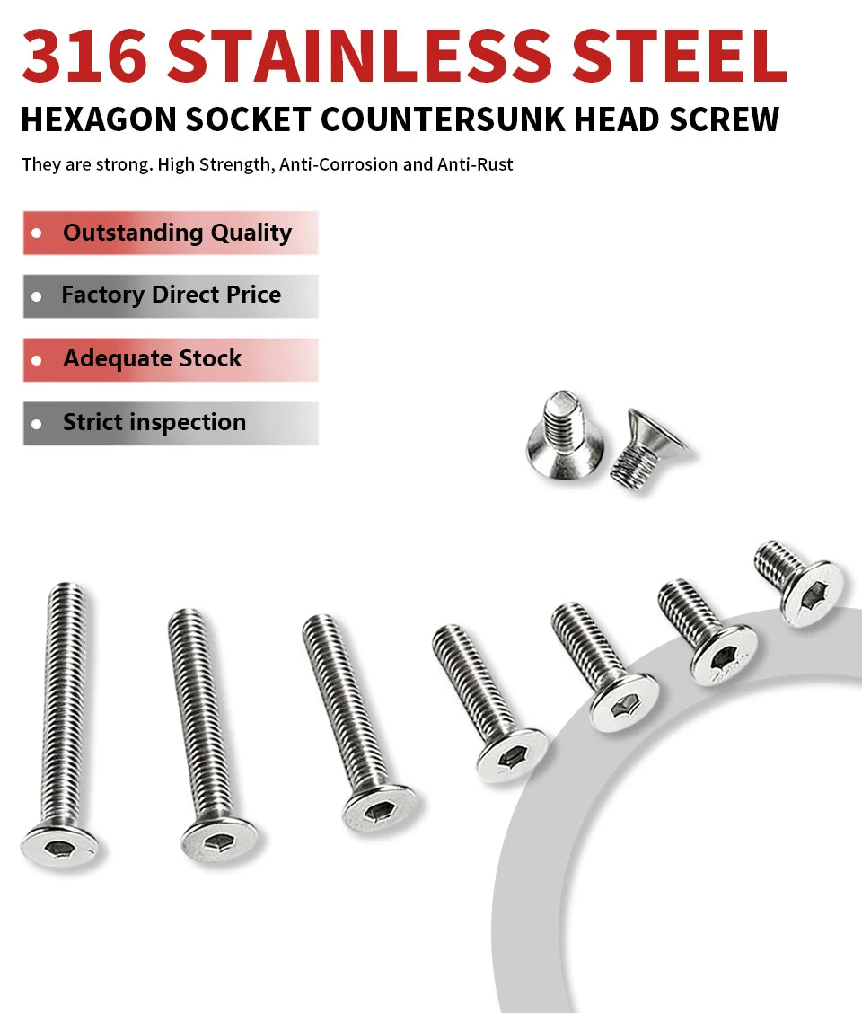 316 Stainless Steel Hexagon Socket Countersunk Head Screw A4-70 DIN7991 M3 M4 M5 M6 M8 M10 Allen Bolt Fastener