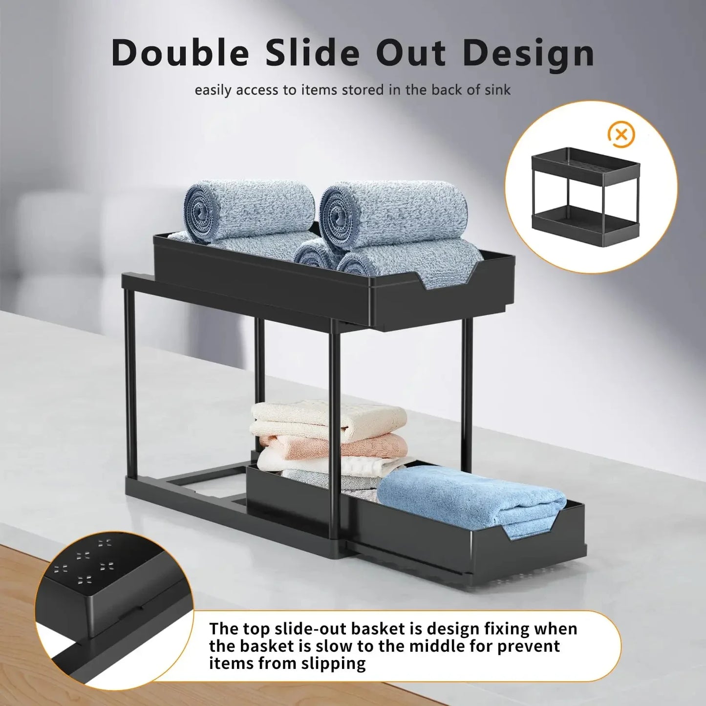 2-Tier Pull Out Under Sink Organizer, Storage Rack with Hooks & Cups, Space Saving Slide-Out Shelf for Kitchen Bathroom Cabinet