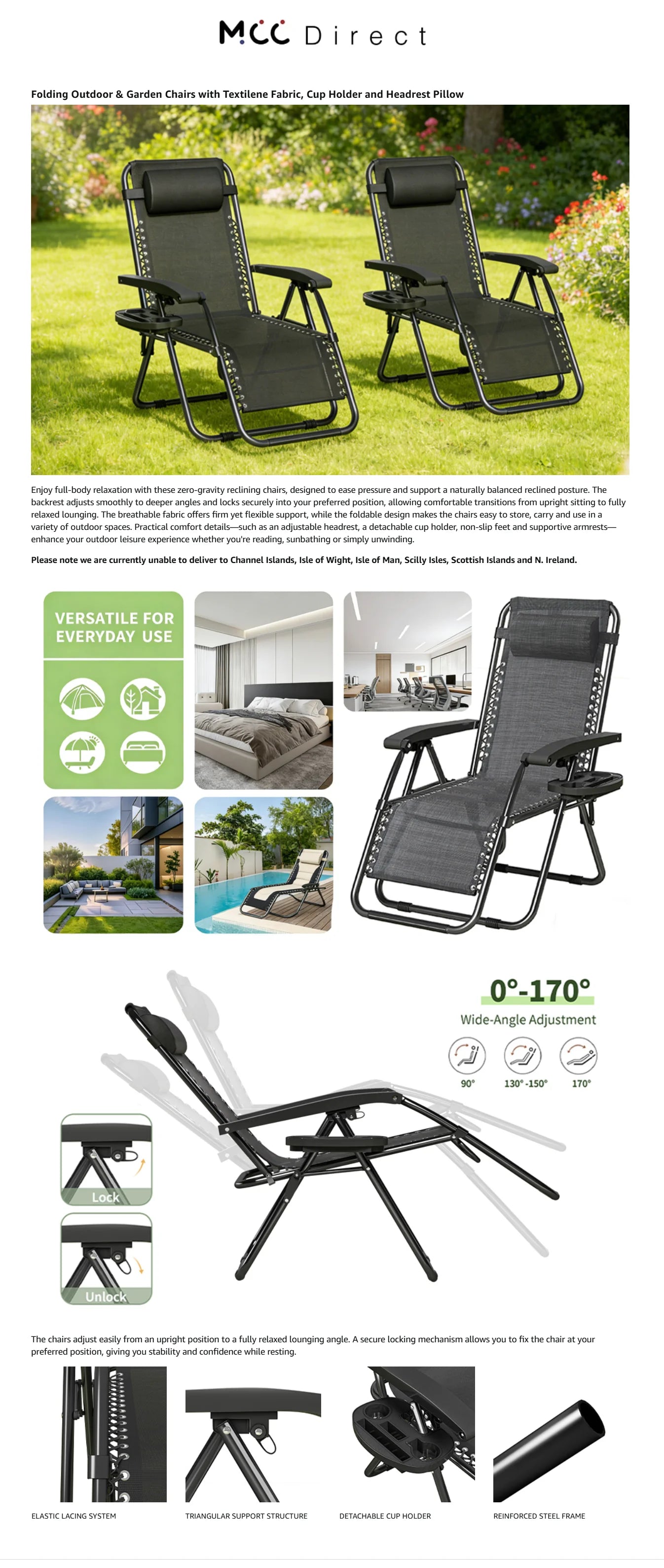 Zero Gravity Reclining Chair Set of 2 – Folding Outdoor & Garden Chairs with Textilene Fabric, Cup Holder and Headrest Pillow