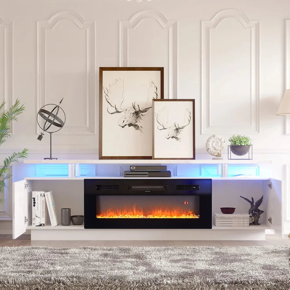 Electric Fire Insert TV Stand, 180cm Media Console Storage Table & 92cm Electric Fireplace with Remote Control, 12 LED Backlight
