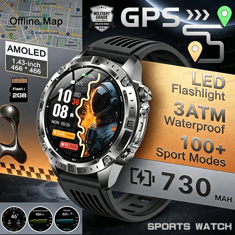 New TANK Military GPS Offline Map Smart Watch 730mAh 3 ATM Waterproof Sports Compass Heart Rate 2GB HD Bluetooth Call SmartWatch