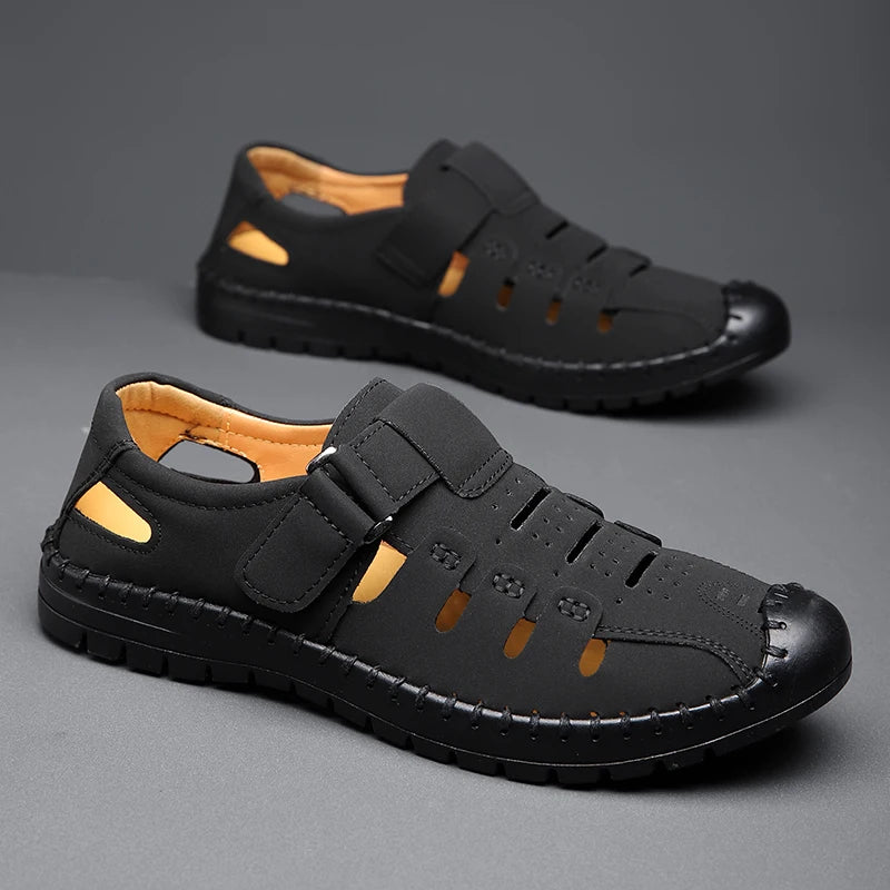 Men's Summer Hollow out Comfortable Breathable Slip-On Leather Shoes Anti-Slip Soft Bottom Outdoor Casual Loafers-1375