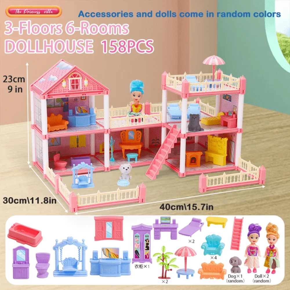 Girl Doll House Toy 3d Assembly Dollhouse Diy Mini Toy Accessories Villa Princess Pink Castle Children Pretend Birthday Gift