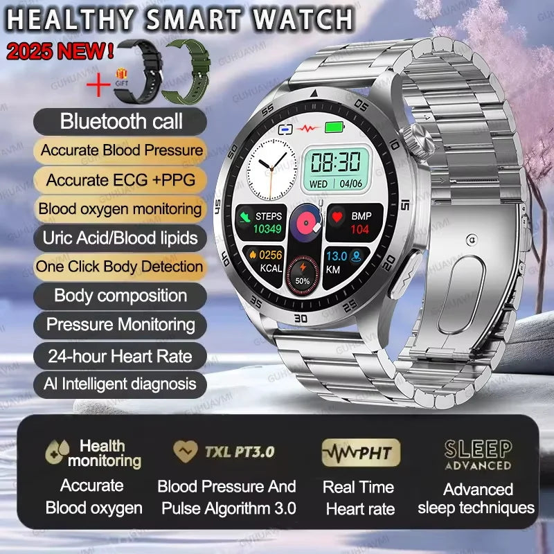 For iOS Android New Health Measurement SmartWatch Men Blood Oxygen Uric Acid ECG+PPG Body Blood Pressure HD Bluetooth Call Watch