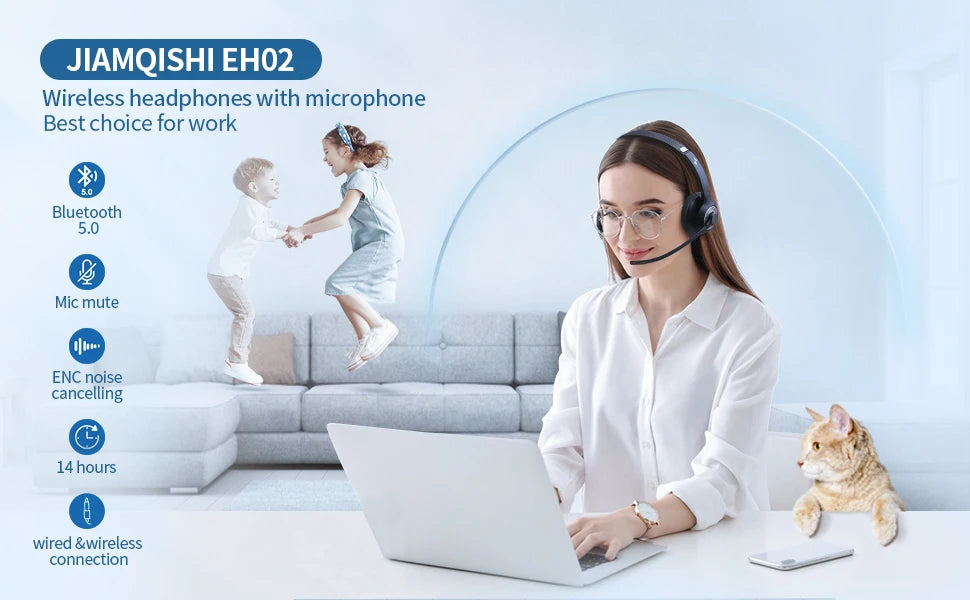 JIAMQISHI EH02U Wireless Bluetooth Headset ANC MIC for Work Computer Headphones USB Dongle Mute Mic for MacBook Headset Phone