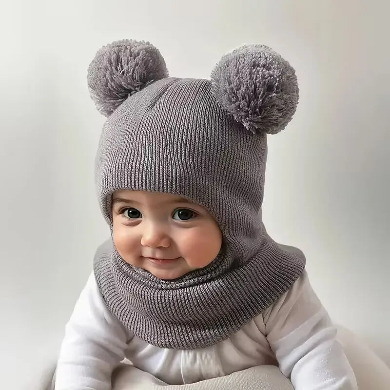 1pc/2pcs Winter children's hooded one-piece hat,equipped with ear and neck protection devices,for warmth.Double ball knitted cap