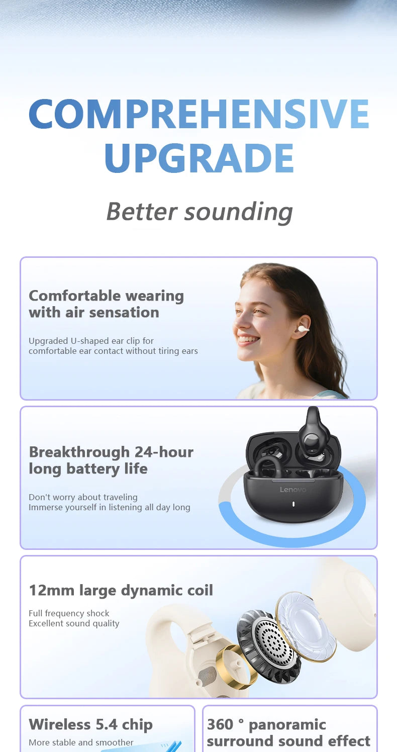 Lenovo EA420 Ear Clip Wireless Earphones TWS 250mAh Lasting Battery Life Bone Conduction Low Latency Headphone NEW for Outdoor