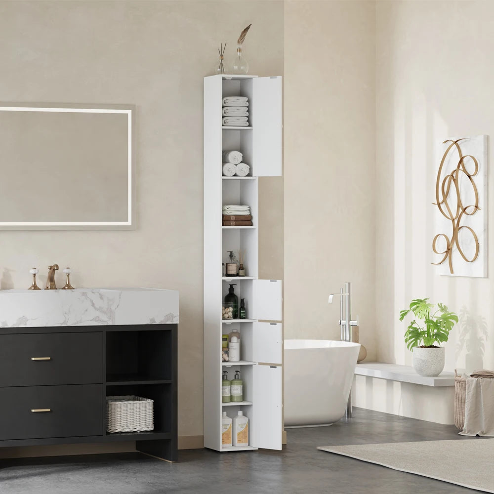 BonChoice Tall&Slim Bathroom Cabinet with 4 Doors&2 Open Shelves, Slim Bathroom Storage Cabinet Unit Narrow Cupboard