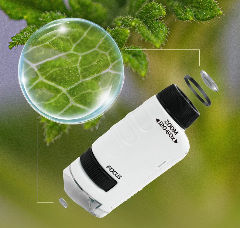 Pocket Microscope Kids Science Toy Kit 60-120x Educational Mini Handheld Microscope with LED Light Outdoor Children Stem Toy
