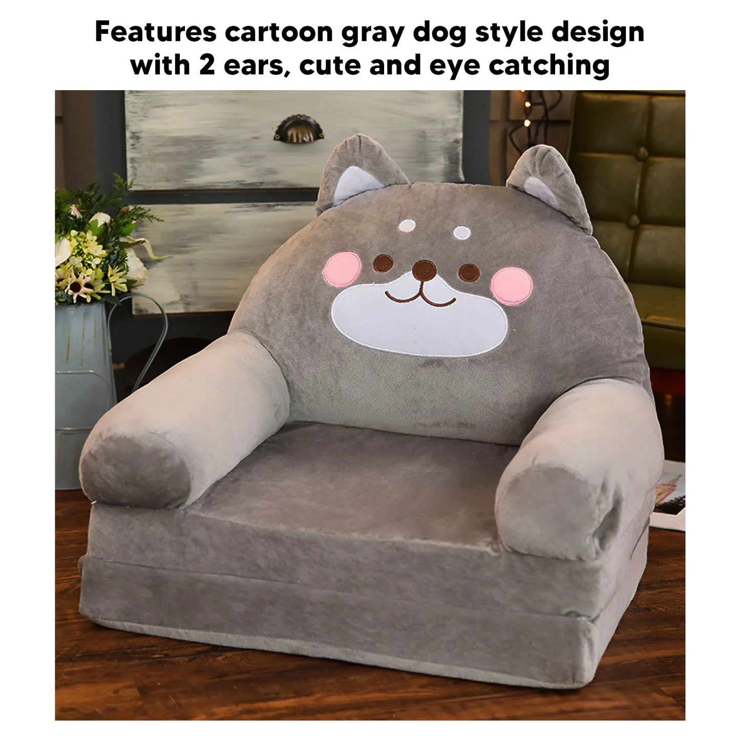 Gray Kids Sofa Easy To Clean Soft Breathable Toddler Chair Stable Backrest Cartoon Gray Dog  Wide Handle for Relaxing