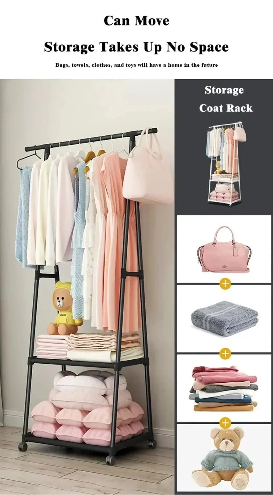 Multifunctional Storage Dormitory Clothes Drying Rack Floor Standing Clothes Rack Simple Clothes Mobile Hanging Clothes Rack