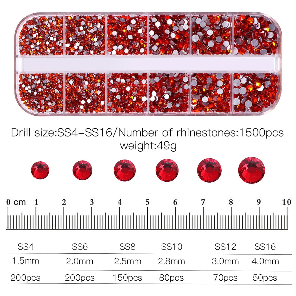 2400pcs+ Shiny Clear Crystal Gems Nail Rhinestones 1.5-4mm Mixed Round Glass Stone Flatback Nail Charms 12grids Nail Diamond DIY