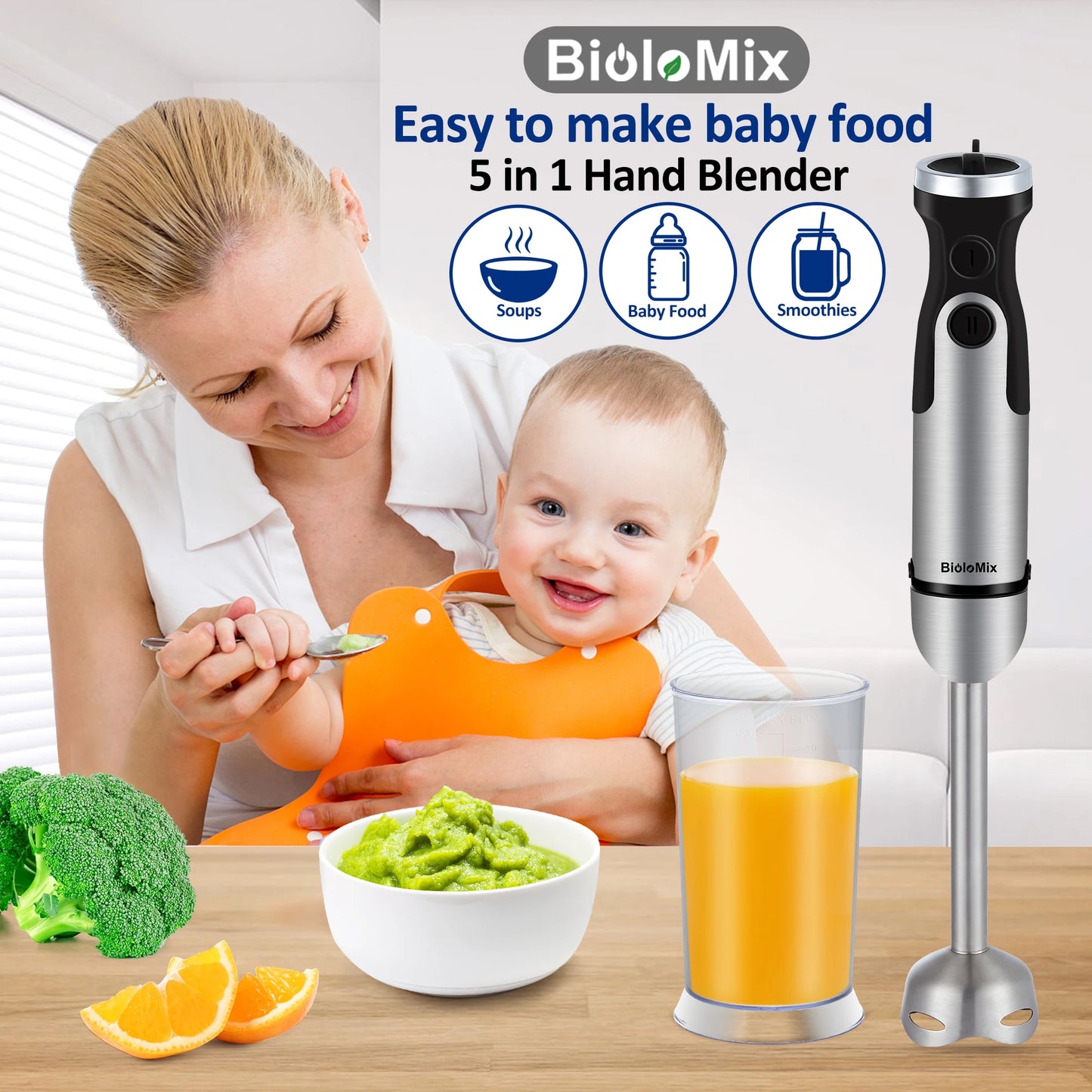 BioloMix 1200W 5-in-1 Immersion Hand Stick Blender Mixer Vegetable Meat Grinder 800ml Chopper Whisk 600ml Smoothie Cup