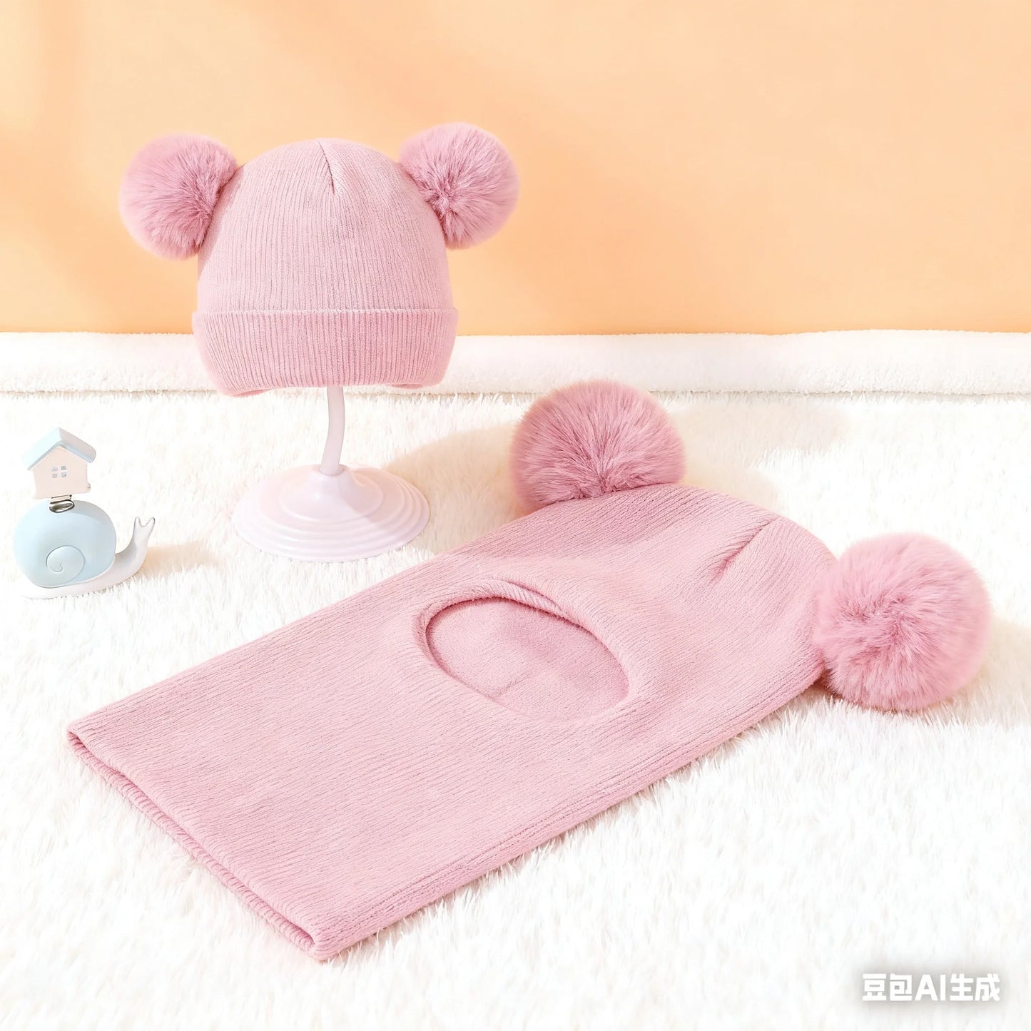 1pc/2pcs Winter children's hooded one-piece hat,equipped with ear and neck protection devices,for warmth.Double ball knitted cap