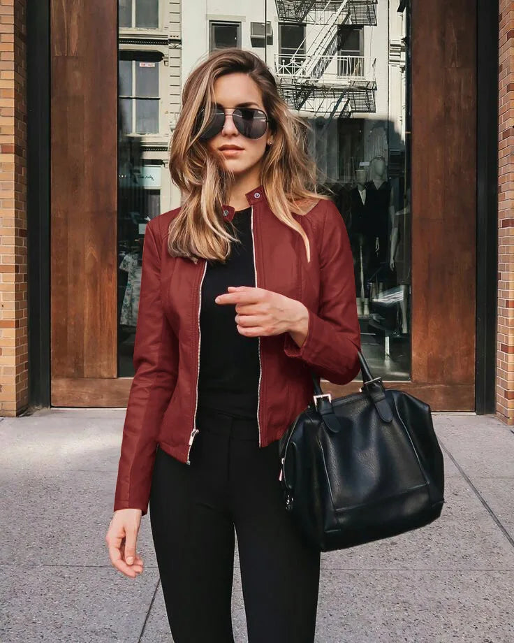 2025 Women Bike Coat PU Leather Outwear Zipper Outfit Autumn Winter Wome Fashion Short Thin Female Jacket