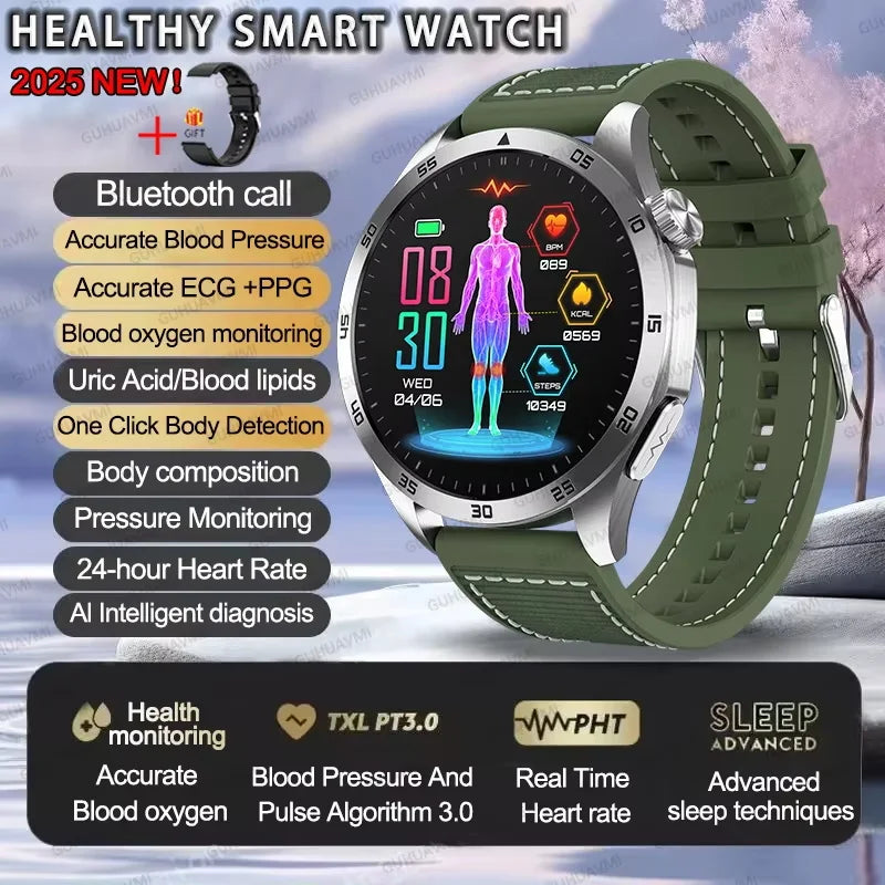 For iOS Android New Health Measurement SmartWatch Men Blood Oxygen Uric Acid ECG+PPG Body Blood Pressure HD Bluetooth Call Watch
