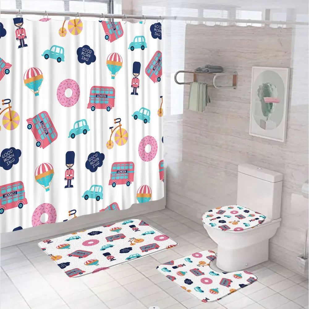 Cartoon Car Bathroom Decor Set Teens Transportation Car Shower Curtain for Kid Boy Girl Truck Bus Taxi Bath Mat Rug Toilet Cover