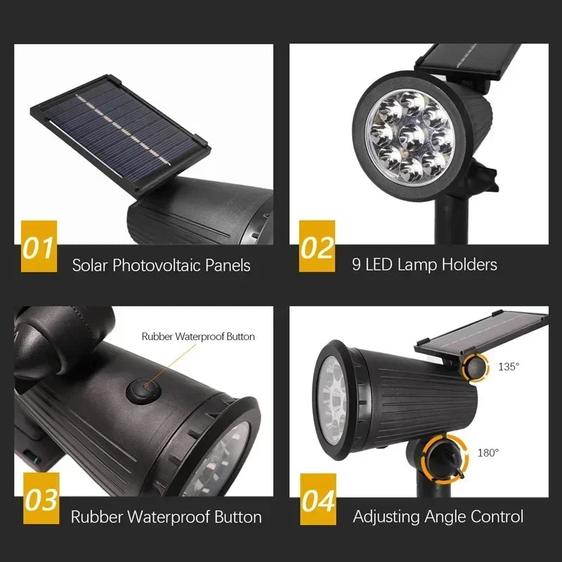 9 LED Solar Spot Lights Outdoor RGB Solar Landscape Lights IP65 Waterproof Brightness Adjustable for Garden Yard Palm Trees