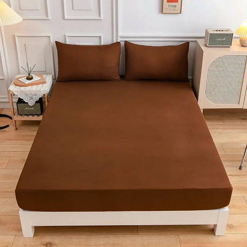 Kuup Polyester 3pcs Solid Color Queen Size Bedding Set - Fitted Sheet & Pillowcases with Elastic Band Mattress Cover
