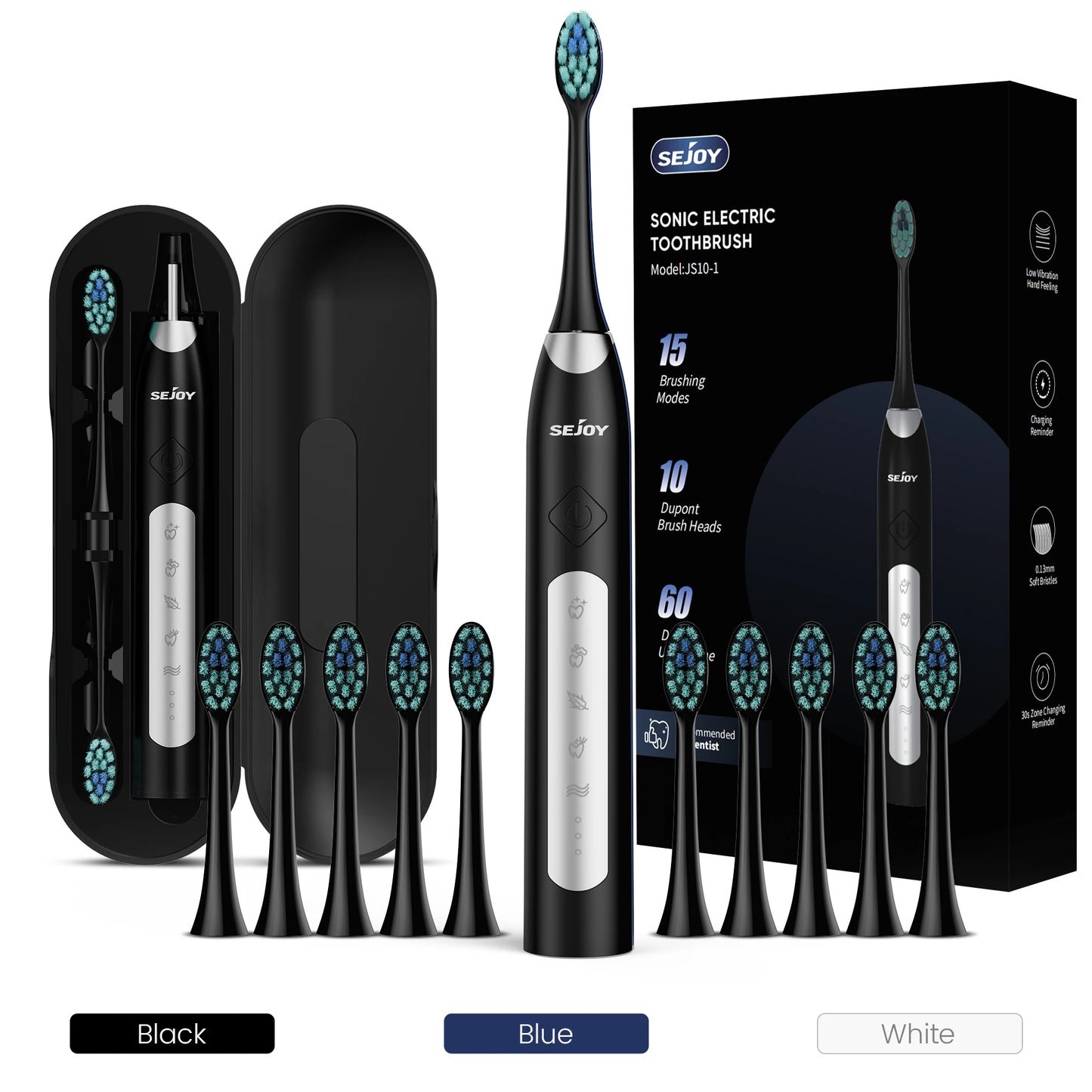 Sejoy Electric Sonic Toothbrush with 10 pcs Replacement Heads Rechargeable Waterproof Tooth Brushes for Home Travel