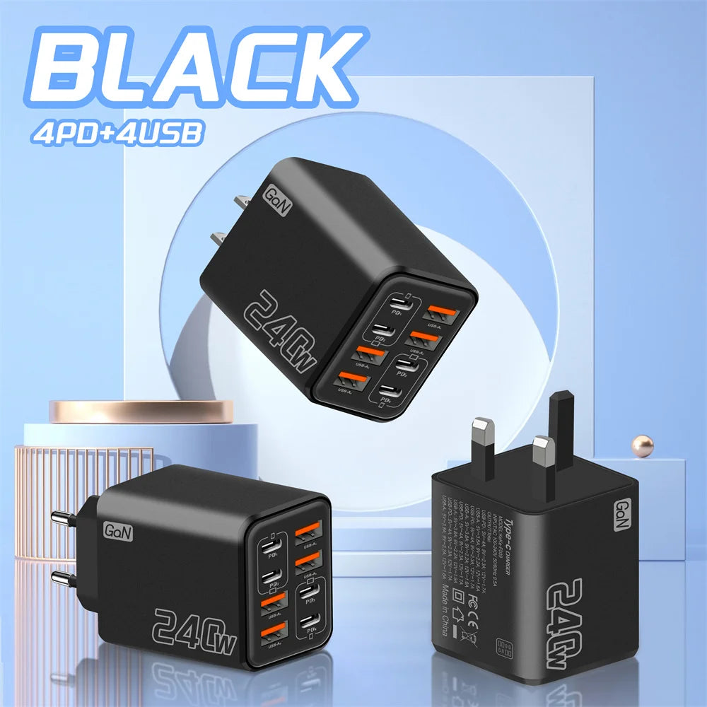 240W 8 in 1 USB C GaN Charger Fast Charging Phone Charger Power Adapter For iPhone Samsung Xiaomi EU/US/UK Plug Travel Charger