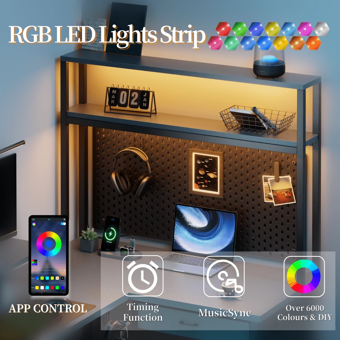Reversible Computer Desk with LED Lights and Drawer, L Shaped Corner Gaming Desk with Storage Shelves & Bag, Desk Shelf for