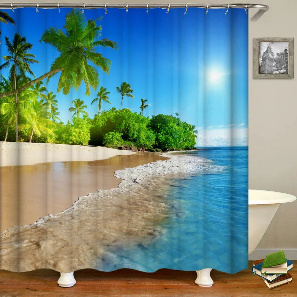 Bath Curtain Sea Beach Shell Starfish Shower Curtains 180*180cm Waterproof Bathroom Home Washable Fabric Bath Screen 12 Hooks