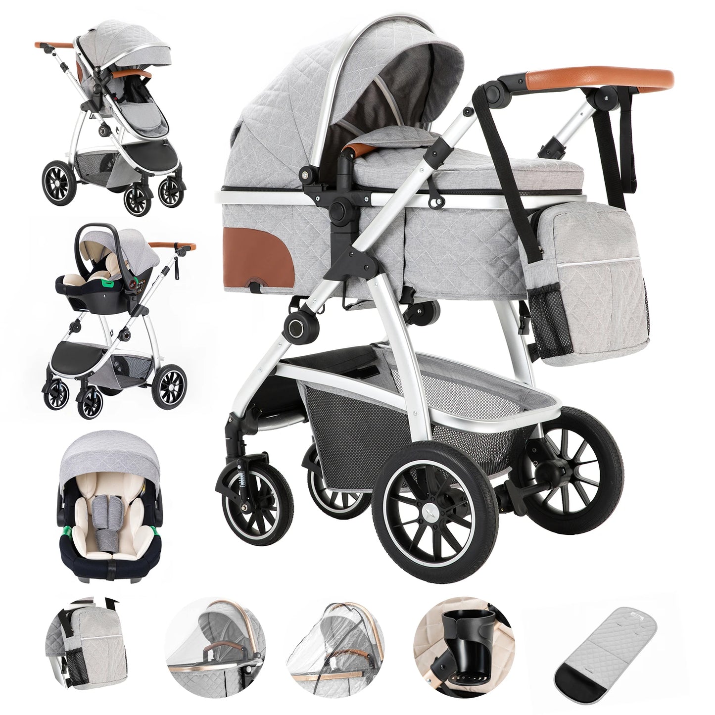 3 in 1 Prams Travel System, Pushchair with Height Adjustable Handle, Travel Pram with Mosquito Net, Baby Stroller with Aluminum