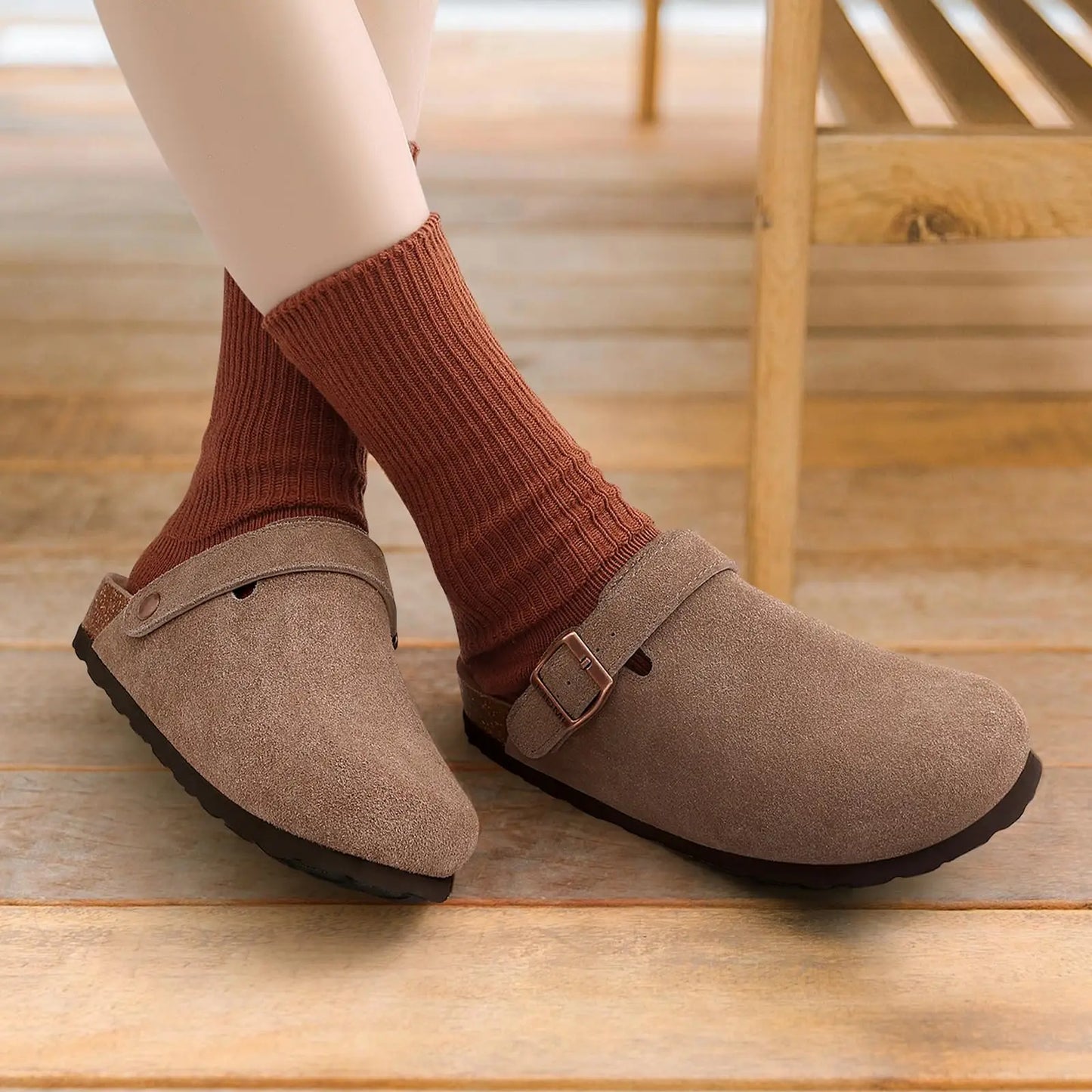 Asgard Women's Genuine Leather Clogs Soft Cork Footbed Cow Suede Mules With Adjustable Strap Fashion Comfort Slip on Slippers