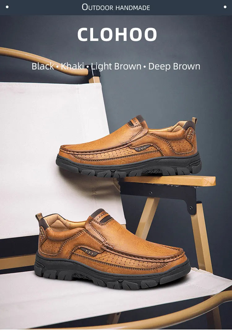CLOHOOMen's Casual Loafers Handmade Breathable Leather Shoes with Thick Rubber Sole Comfortable Footwear Classic Hand Sewn Seams